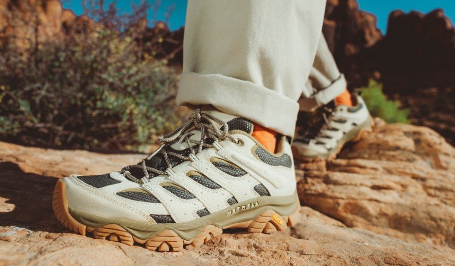 Close-up of Merrell Moab 3 hiking shoes on a desert trail